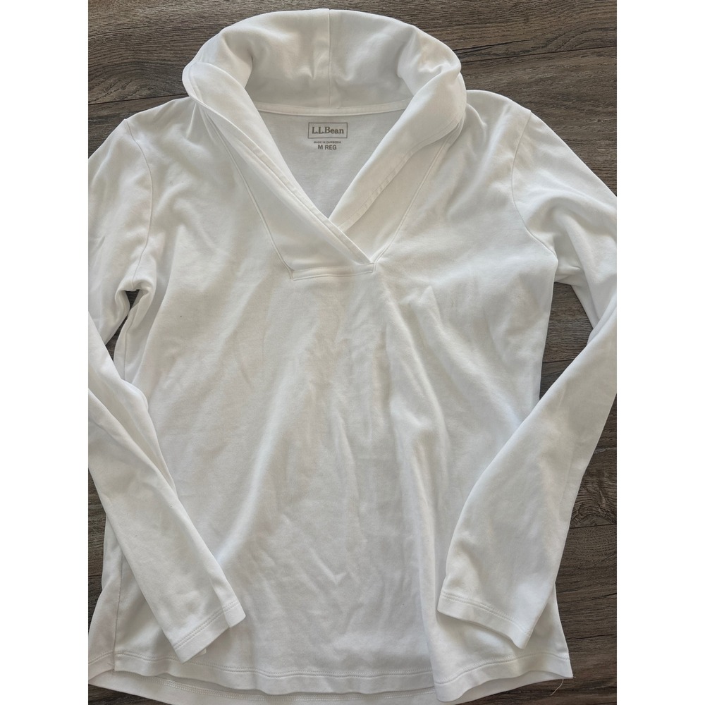 LL Bean Womens White Shawl Collar V-Neck Long Sleeve Top Size M Regular